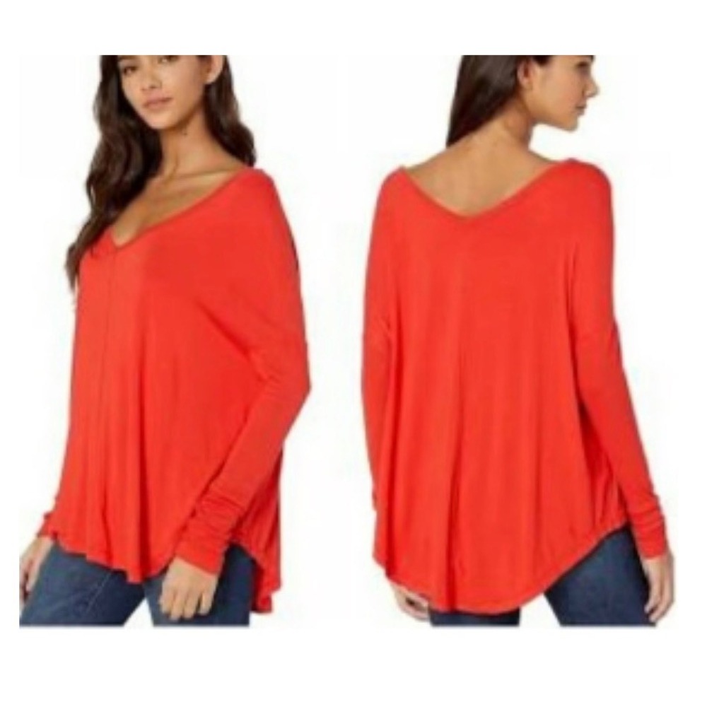 Free People V-Neck Oversized Red Orange Top - XS